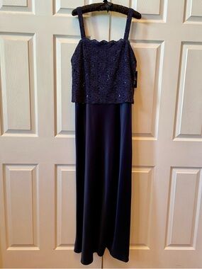 Alex Evenings Navy Lace-Sequin-Satin Evening Dress Size 16